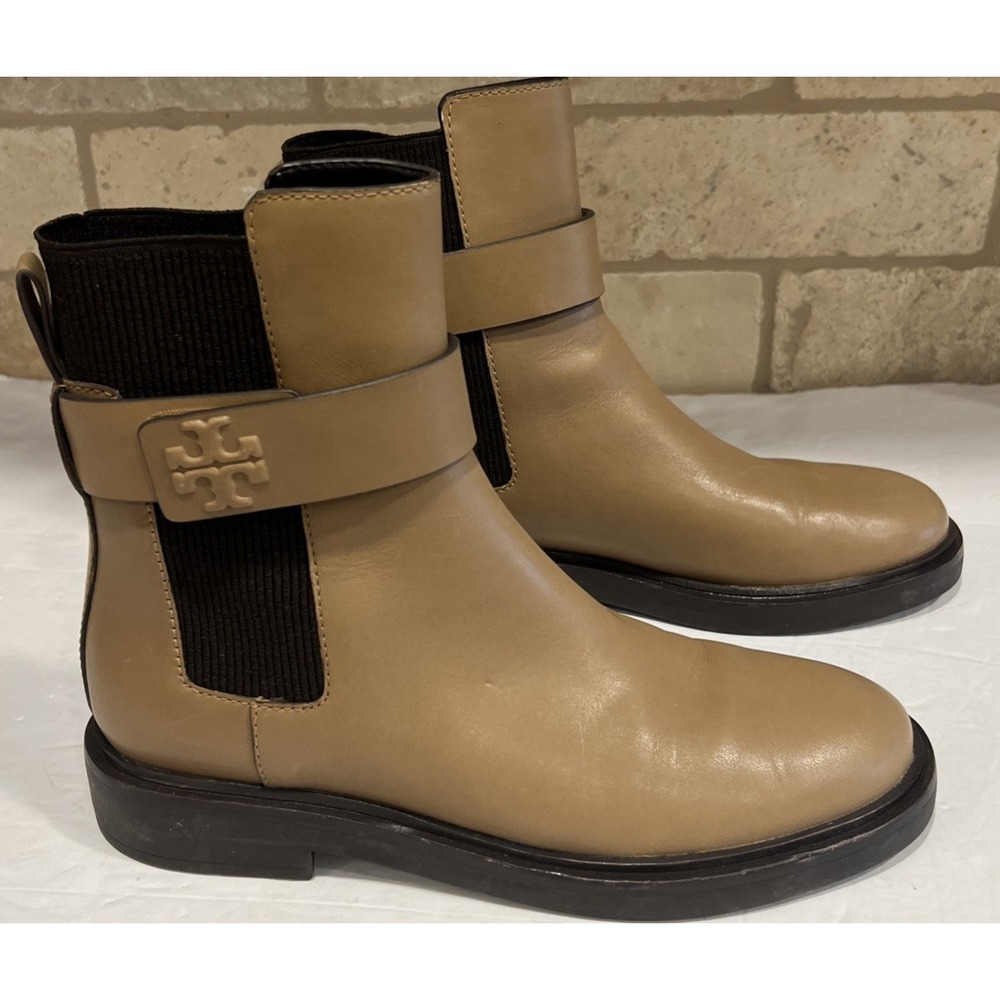 TORY BURCH Double T Chelsea Flat Leather Bootie Tan Women's Size 6.5 - Picture 2 of 9